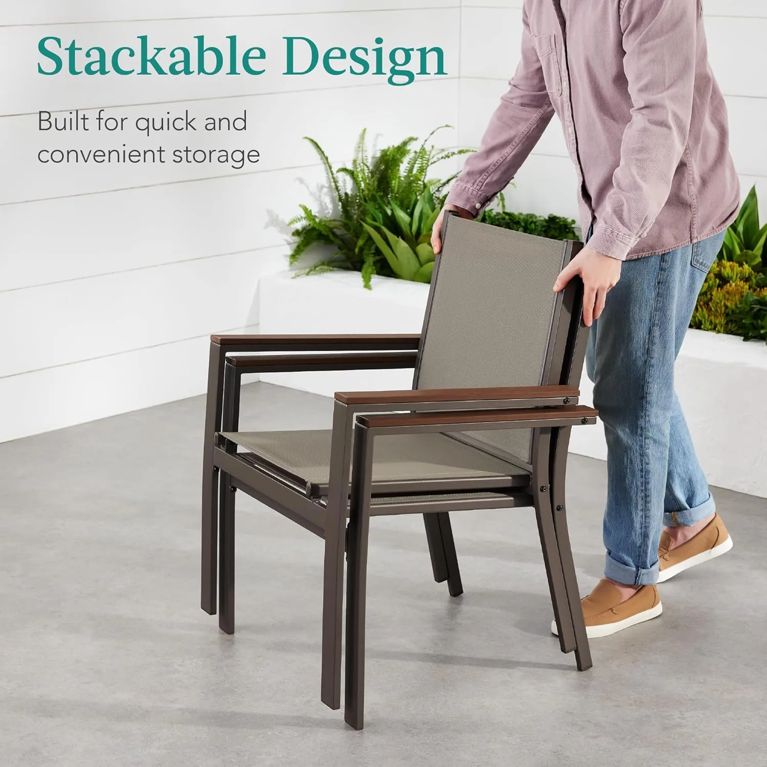 Best Choice Products Set of 2 Stackable Outdoor Textilene Chairs, All-Weather Conversation Dining Accent Furniture w/Armrests - Brown/Brown