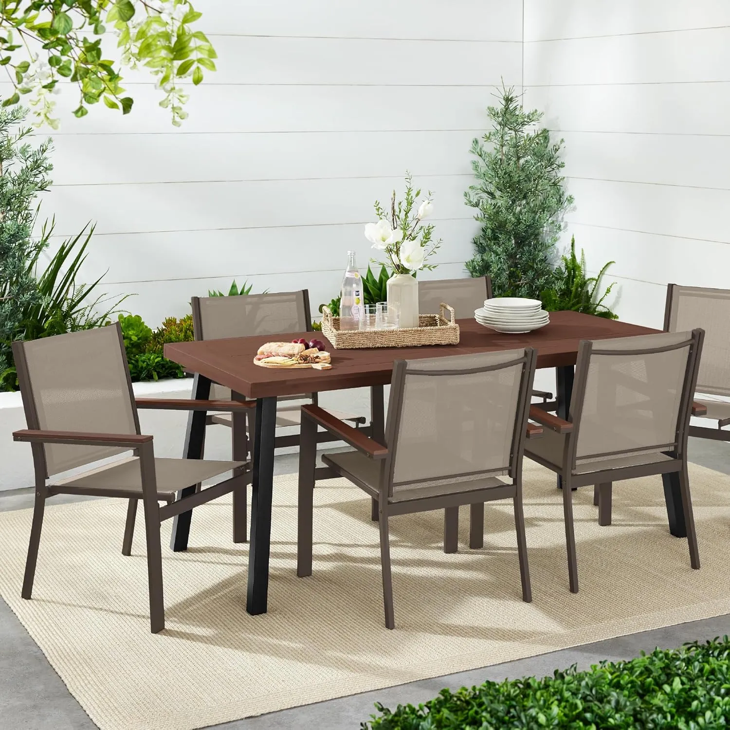 Best Choice Products Set of 2 Stackable Outdoor Textilene Chairs, All-Weather Conversation Dining Accent Furniture w/Armrests - Brown/Brown