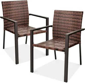 Best Choice Products Set of 2 Stackable Outdoor Wicker Dining Chairs All-Weather Firepit Armchair w/Armrests, Steel Frame for Patio, Deck, Garden, Yard - Light Brown