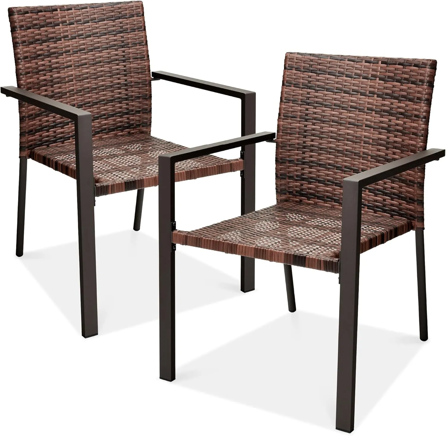 Best Choice Products Set of 2 Stackable Outdoor Wicker Dining Chairs All-Weather Firepit Armchair w/Armrests, Steel Frame for Patio, Deck, Garden, Yard - Light Brown