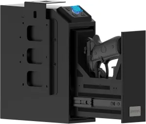 Biometric Gun Safe, Mounted Handgun Safe for Nightstand Bed Side Hidden Gun Storage in Wall Quick Access Bedside Slider Pistols Safes for Handguns with Fingerprint, Keypad, Pistol