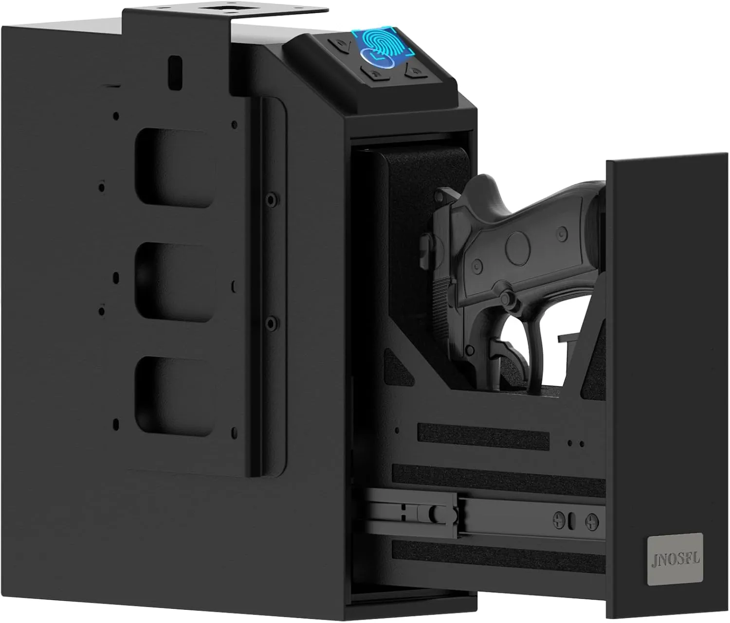 Biometric Gun Safe, Mounted Handgun Safe for Nightstand Bed Side Hidden Gun Storage in Wall Quick Access Bedside Slider Pistols Safes for Handguns with Fingerprint, Keypad, Pistol