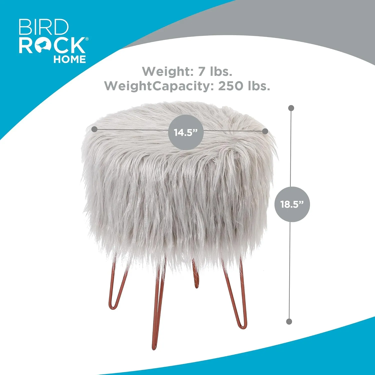 BIRDROCK HOME Silver Faux Fur Vanity Stool - Soft Furry Compact Padded Seat - Hair Pin Metal Legs - Upholstered Decorative Furniture for Bedroom, Living Room, Kids Room - Fuzzy Accent Ottoman