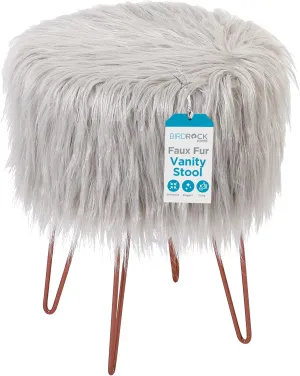 BIRDROCK HOME Silver Faux Fur Vanity Stool - Soft Furry Compact Padded Seat - Hair Pin Metal Legs - Upholstered Decorative Furniture for Bedroom, Living Room, Kids Room - Fuzzy Accent Ottoman