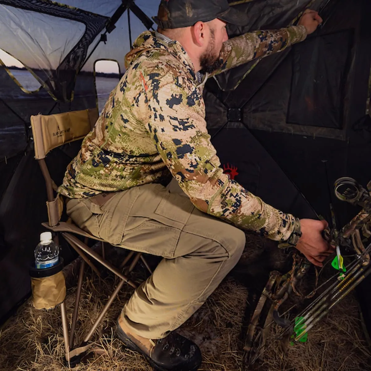 Black Sierra XL Tripod Hunting Stool, Foldable Tripod Seat w/Steel Frame Supports 300 Lbs, Heavy Duty Fishing Chair Features Cup-Holder & Carry Shoulder Strap, for Camping, Hiking, Fishing