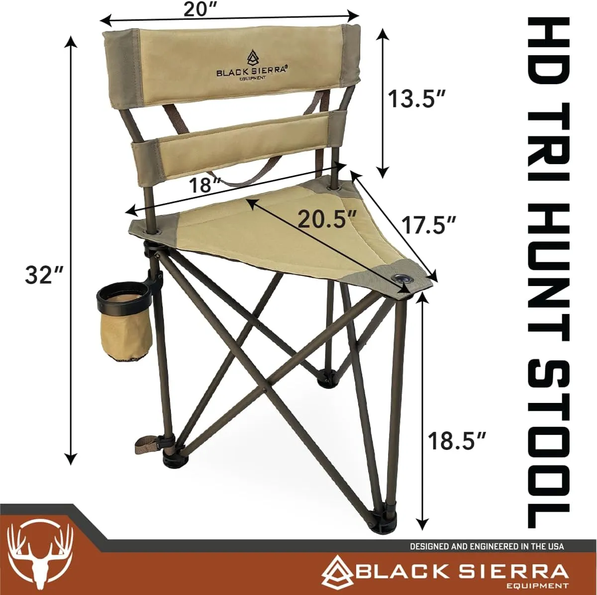 Black Sierra XL Tripod Hunting Stool, Foldable Tripod Seat w/Steel Frame Supports 300 Lbs, Heavy Duty Fishing Chair Features Cup-Holder & Carry Shoulder Strap, for Camping, Hiking, Fishing