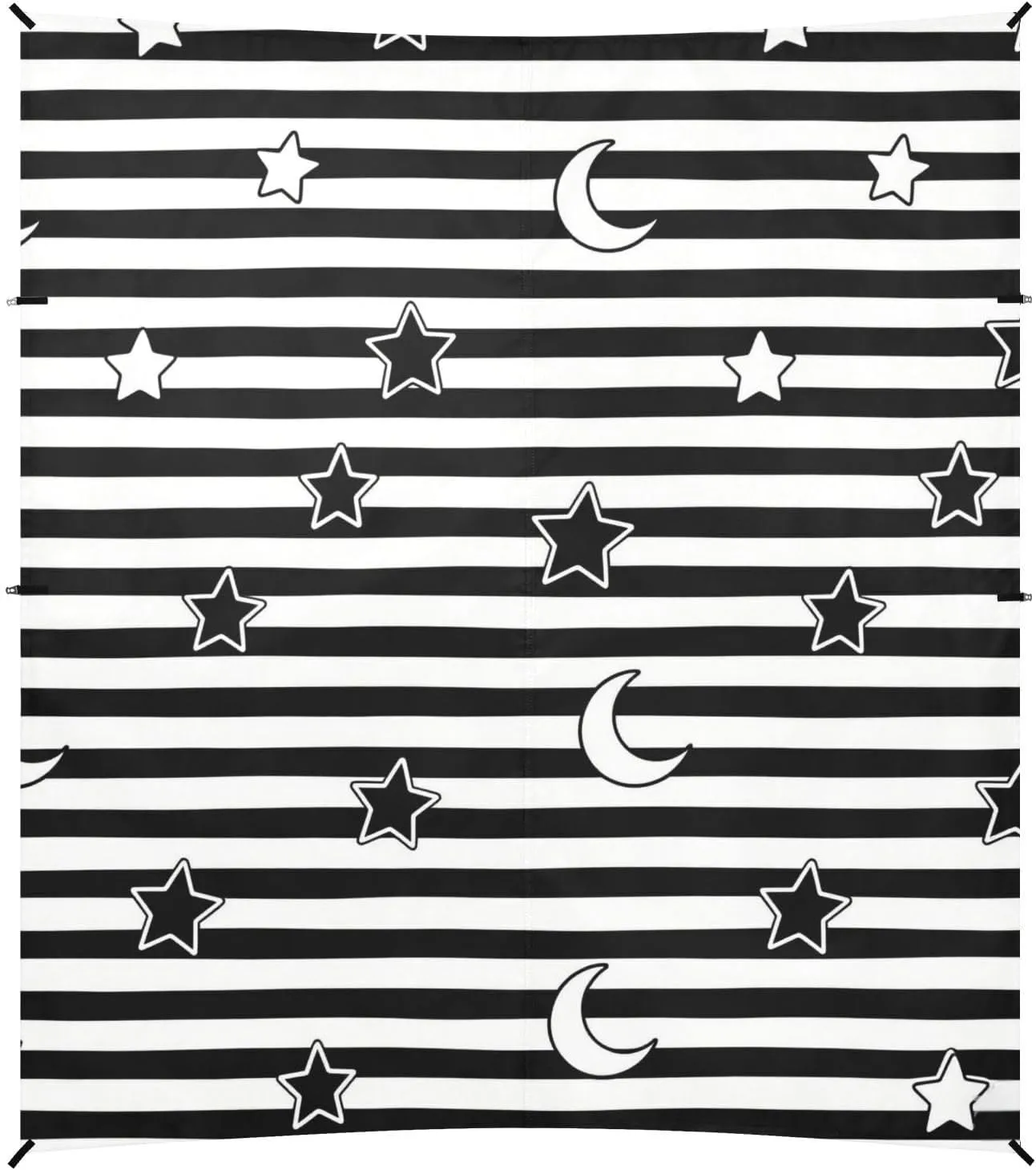 Black White Stripes Stars Moon Foldable Beach Tent UPF50 Water-Resistant Portable Sun Shelter with Sandbags, Sand Shovel, Poles for Camping, Picnics, Backyard