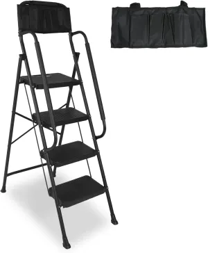 BLACKHORSE-RACING 4 Step Ladder with Handrails & Attachable Tool Bag, 330 lbs Folding Step Stool Ladder, Wide Non-Slip Pedal for Kitchen Pantry Home Office, Black