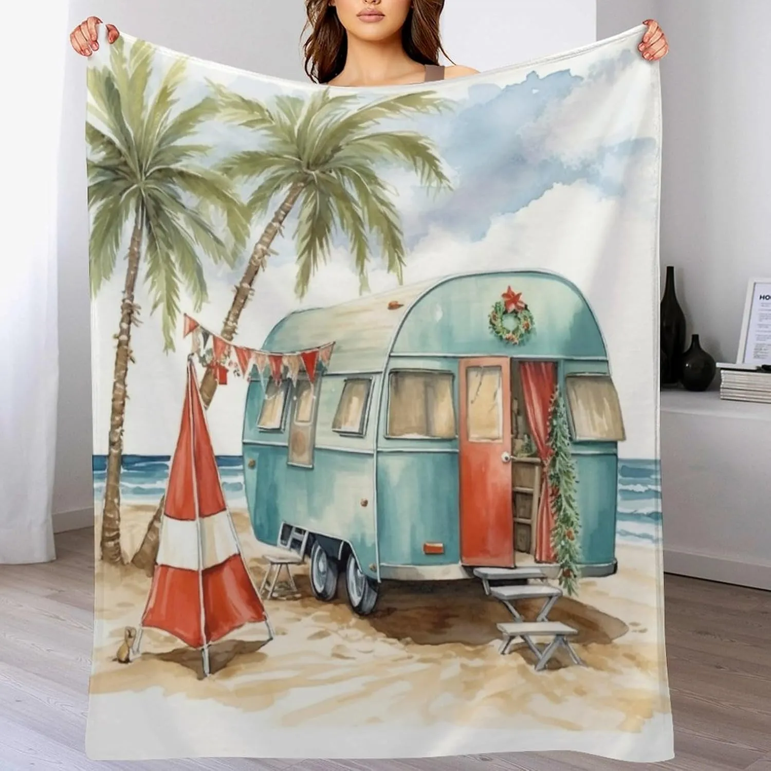 Blanket Camping Trailer Beach Holiday Christmas Print Soft Blankets and Throws for Sofa Camp with Mountain Campfire and Forest Camping Adventure Vintage Warm Cozy Lightweight Blanket 40"x50"