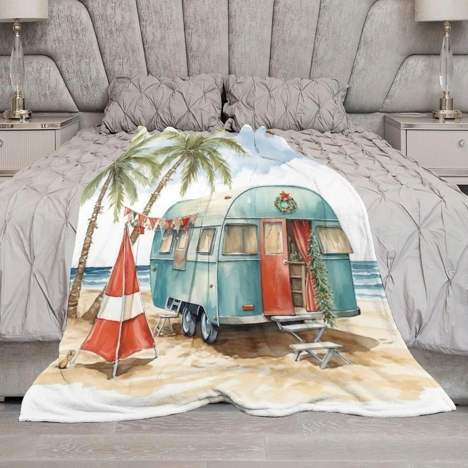 Blanket Camping Trailer Beach Holiday Christmas Print Soft Blankets and Throws for Sofa Camp with Mountain Campfire and Forest Camping Adventure Vintage Warm Cozy Lightweight Blanket 40"x50"