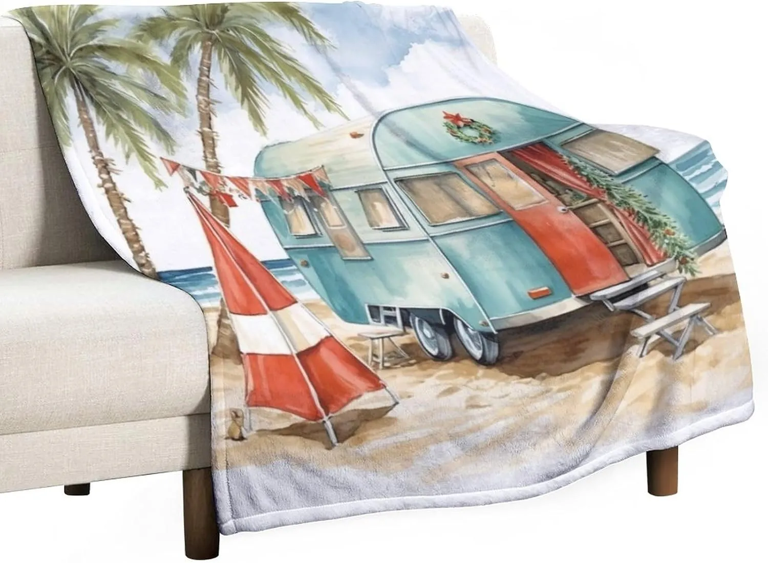 Blanket Camping Trailer Beach Holiday Christmas Print Soft Blankets and Throws for Sofa Camp with Mountain Campfire and Forest Camping Adventure Vintage Warm Cozy Lightweight Blanket 40"x50"