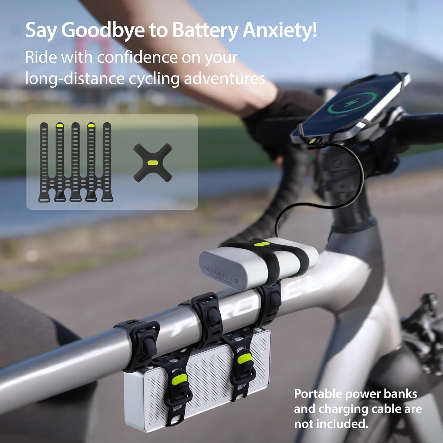 BONE Bike Phone Charger Kit Plus, Adjustable Strap with Power Bank Mount, Scratch-Free Silicone Strap for Water Bottle & Speaker, Quick Setup Holder for Most Portable Chargers