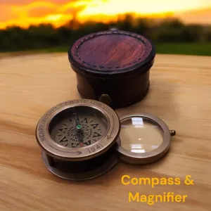 Brass Compass with Sliding Magnifier & Leather Case | Nautical Antique Replica