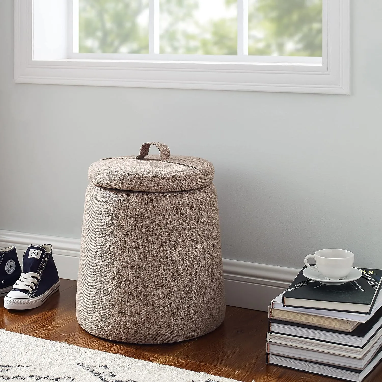 Brentwood Light Brown Upholstered Storage Ottoman by Linon
