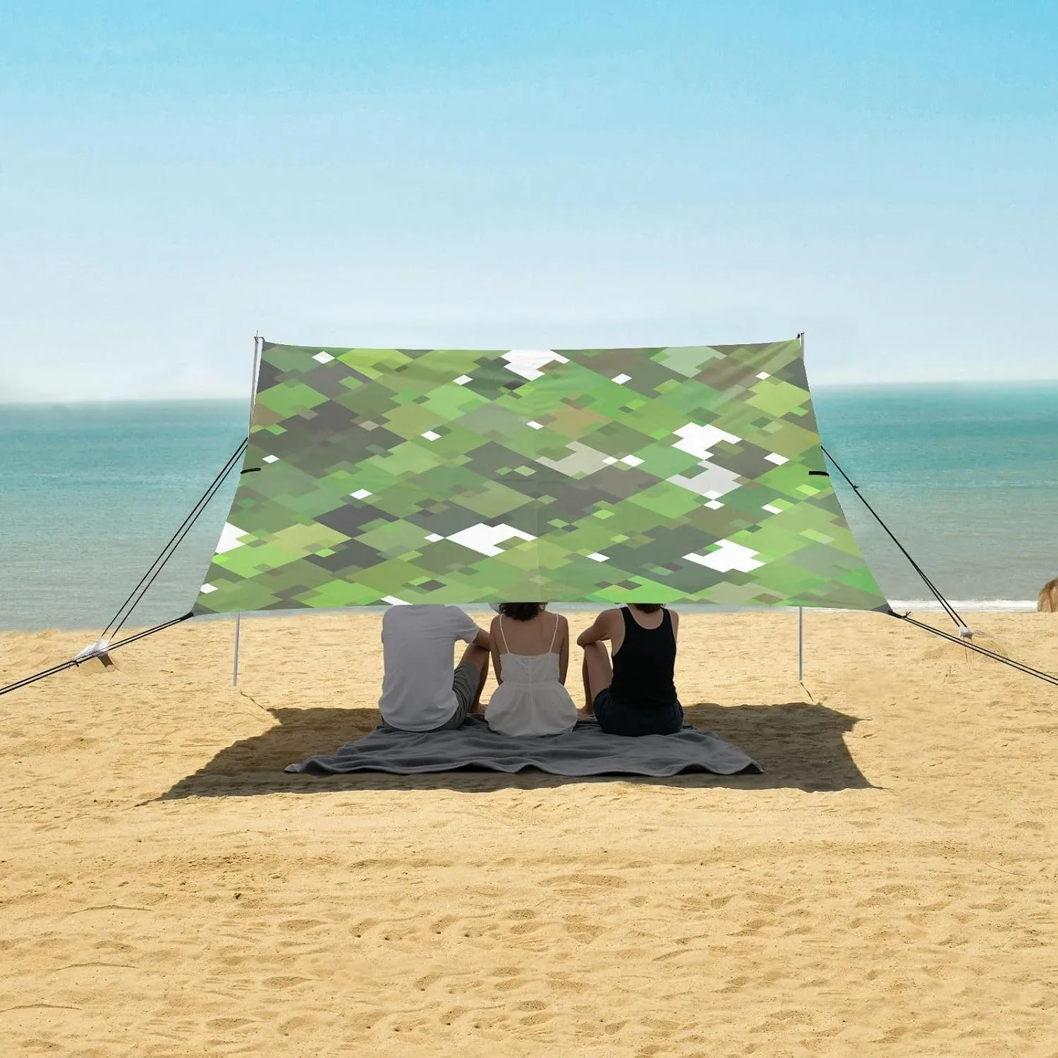 Bright Abstract Mosaic Green Beach Canopy Tent Anti-UV & Wind Resistant, Camping Sun Shelter Easy Setup Portable,Outdoor Shade Tents with Sandbags,Sand Shovels,Ground Pegs & Stability Poles