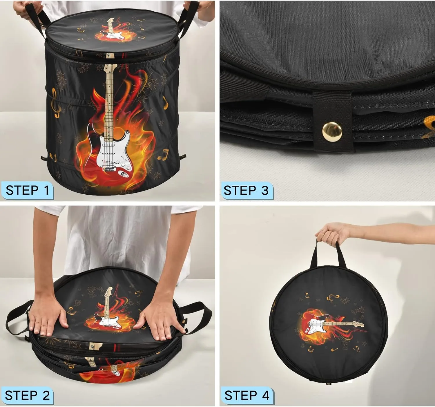 Burning Fire Flaming Guitar with Music Notes Fireworks on Black Pop Up Laundry Hamper, Collapsible Dirty Clothes Basket with Zipper Lid, Storage Bag Washing Bin for Room College Dorm Travel