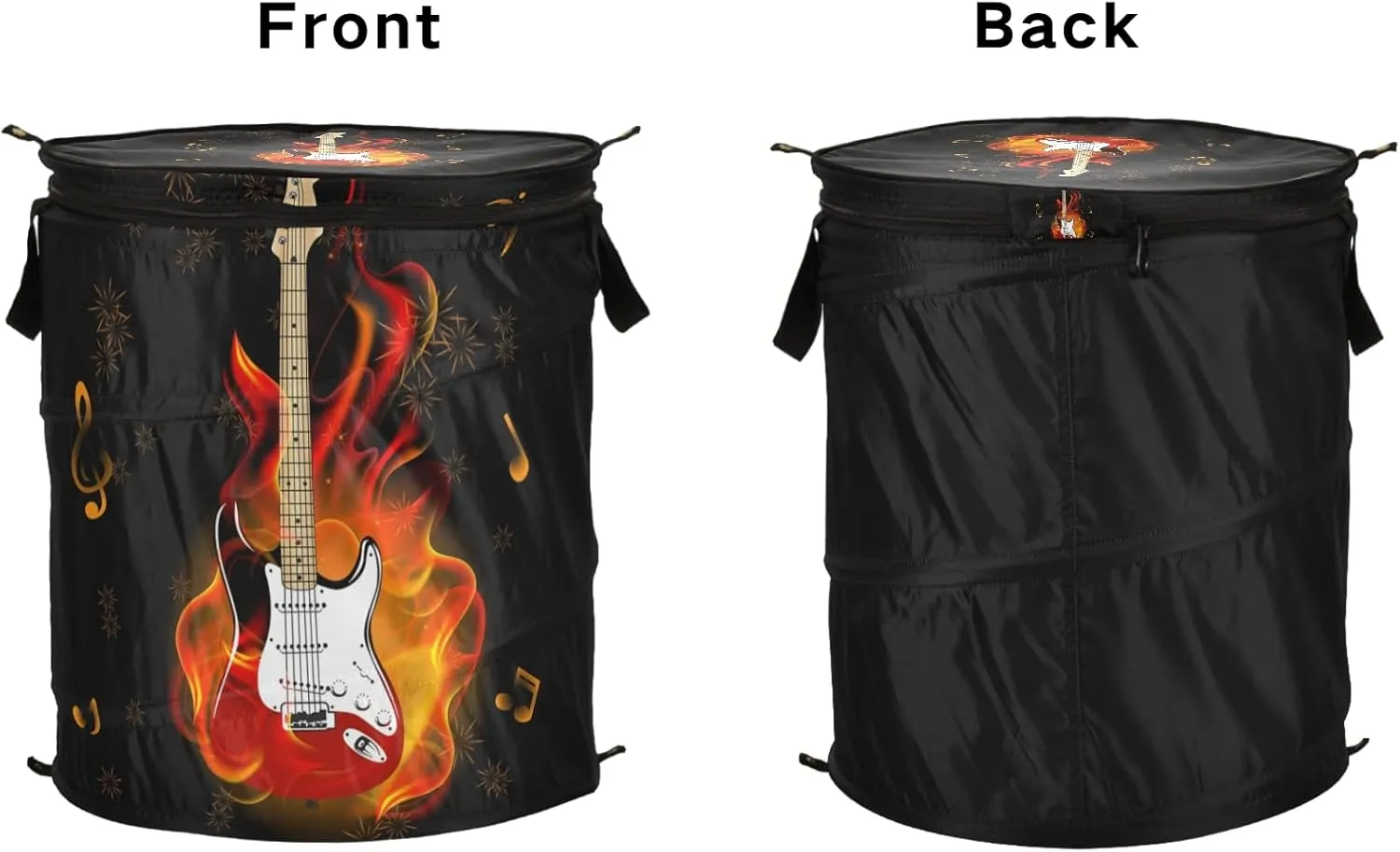 Burning Fire Flaming Guitar with Music Notes Fireworks on Black Pop Up Laundry Hamper, Collapsible Dirty Clothes Basket with Zipper Lid, Storage Bag Washing Bin for Room College Dorm Travel