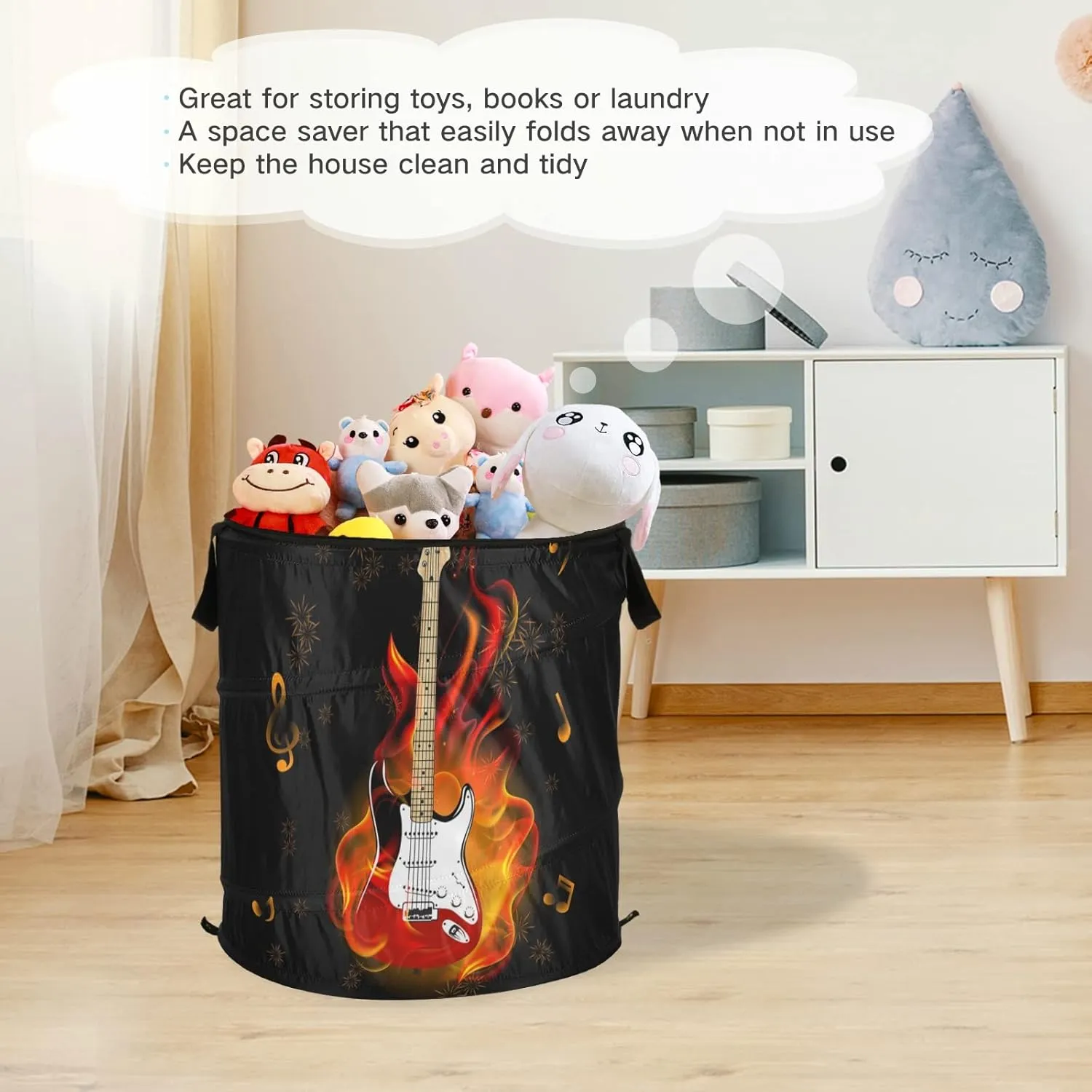 Burning Fire Flaming Guitar with Music Notes Fireworks on Black Pop Up Laundry Hamper, Collapsible Dirty Clothes Basket with Zipper Lid, Storage Bag Washing Bin for Room College Dorm Travel