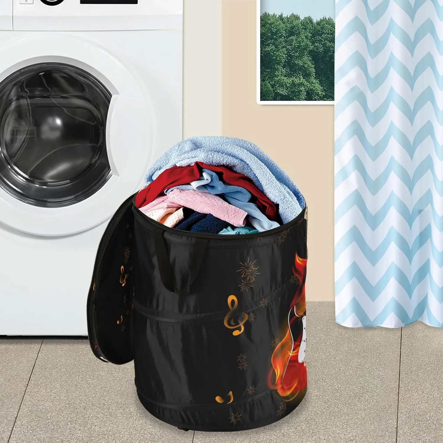 Burning Fire Flaming Guitar with Music Notes Fireworks on Black Pop Up Laundry Hamper, Collapsible Dirty Clothes Basket with Zipper Lid, Storage Bag Washing Bin for Room College Dorm Travel