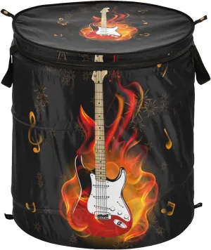 Burning Fire Flaming Guitar with Music Notes Fireworks on Black Pop Up Laundry Hamper, Collapsible Dirty Clothes Basket with Zipper Lid, Storage Bag Washing Bin for Room College Dorm Travel
