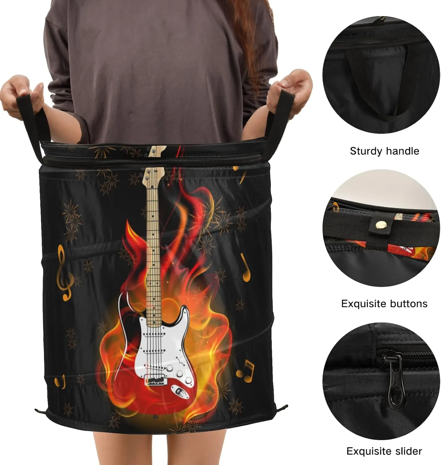 Burning Fire Flaming Guitar with Music Notes Fireworks on Black Pop Up Laundry Hamper, Collapsible Dirty Clothes Basket with Zipper Lid, Storage Bag Washing Bin for Room College Dorm Travel