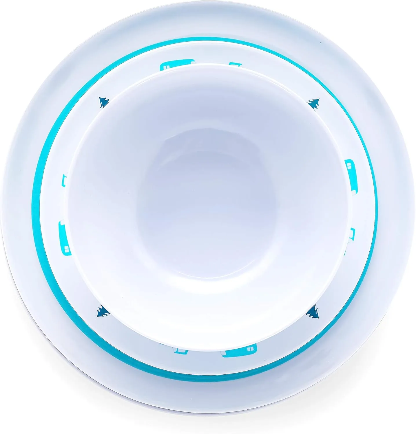 Camco Teal Life is Better at The Campsite 12 Piece Dishware Set-Blue Retro Trailer and Logo Design, Includes Plates and Bowls, Perfect for RVing and Camping, Melamine (53296)