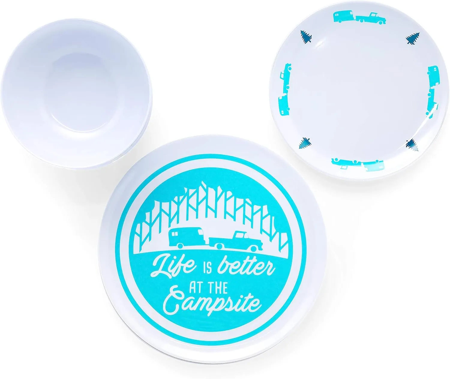 Camco Teal Life is Better at The Campsite 12 Piece Dishware Set-Blue Retro Trailer and Logo Design, Includes Plates and Bowls, Perfect for RVing and Camping, Melamine (53296)