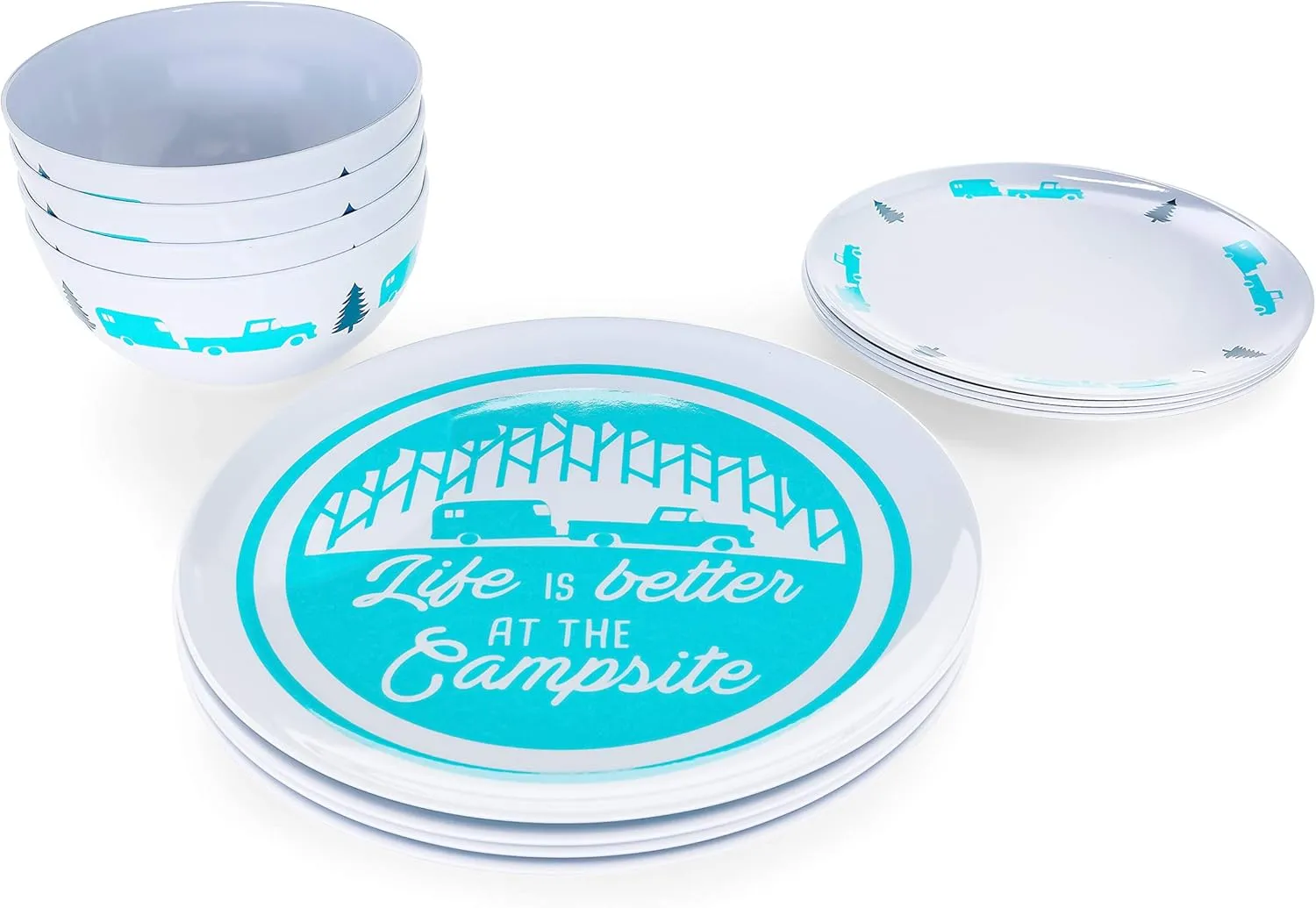 Camco Teal Life is Better at The Campsite 12 Piece Dishware Set-Blue Retro Trailer and Logo Design, Includes Plates and Bowls, Perfect for RVing and Camping, Melamine (53296)