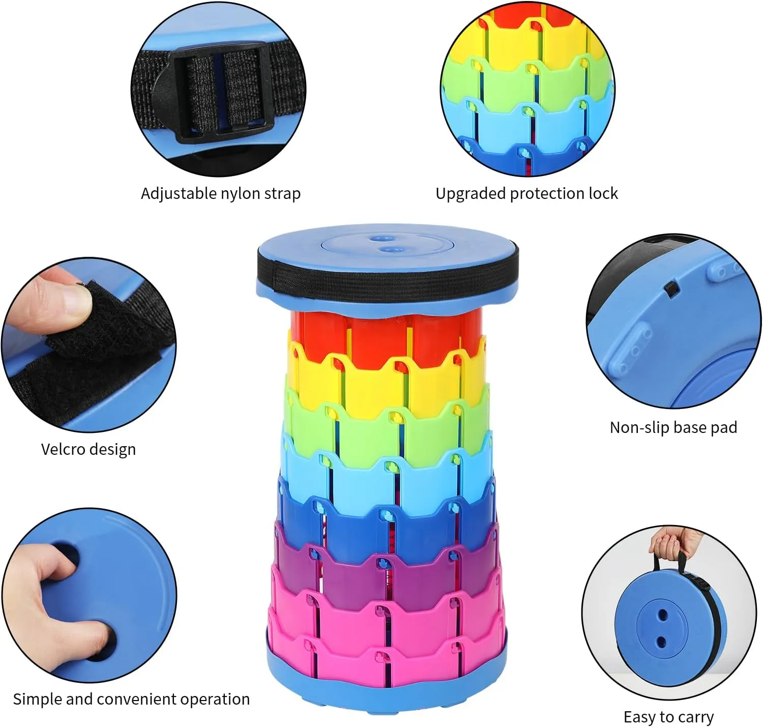 Camping Stool Portable Collapsible Stool Retractable Stool Folding Chair Outdoor Telescopic Stool Capacity 400lb Lightweight for Fishing Hiking Trips BBQ Stool Rainbow, Medium