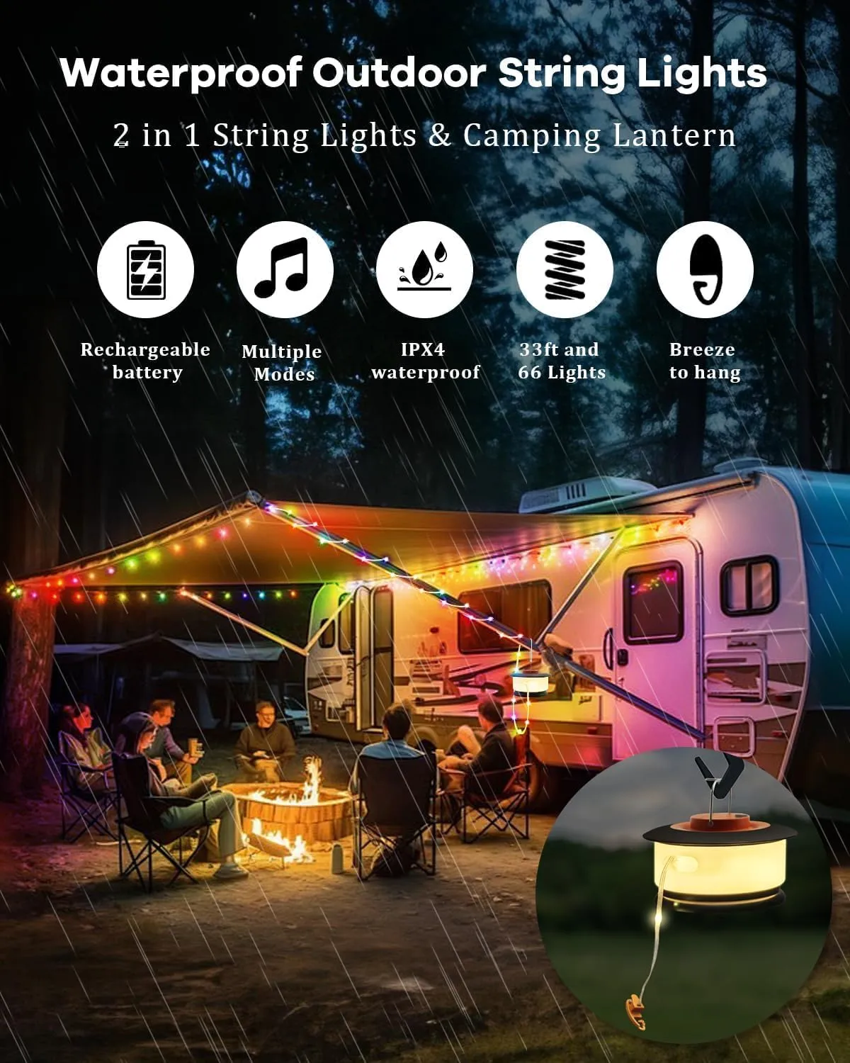 Camping String Lights – 33FT RGB Retractable Light with 19 Lighting Modes, Quick 20s Recovery, Waterproof, 3-in-1 Quick Storage, Rechargeable Tent Lights for Camping, Hiking, Yard, Travel,Holiday Gift