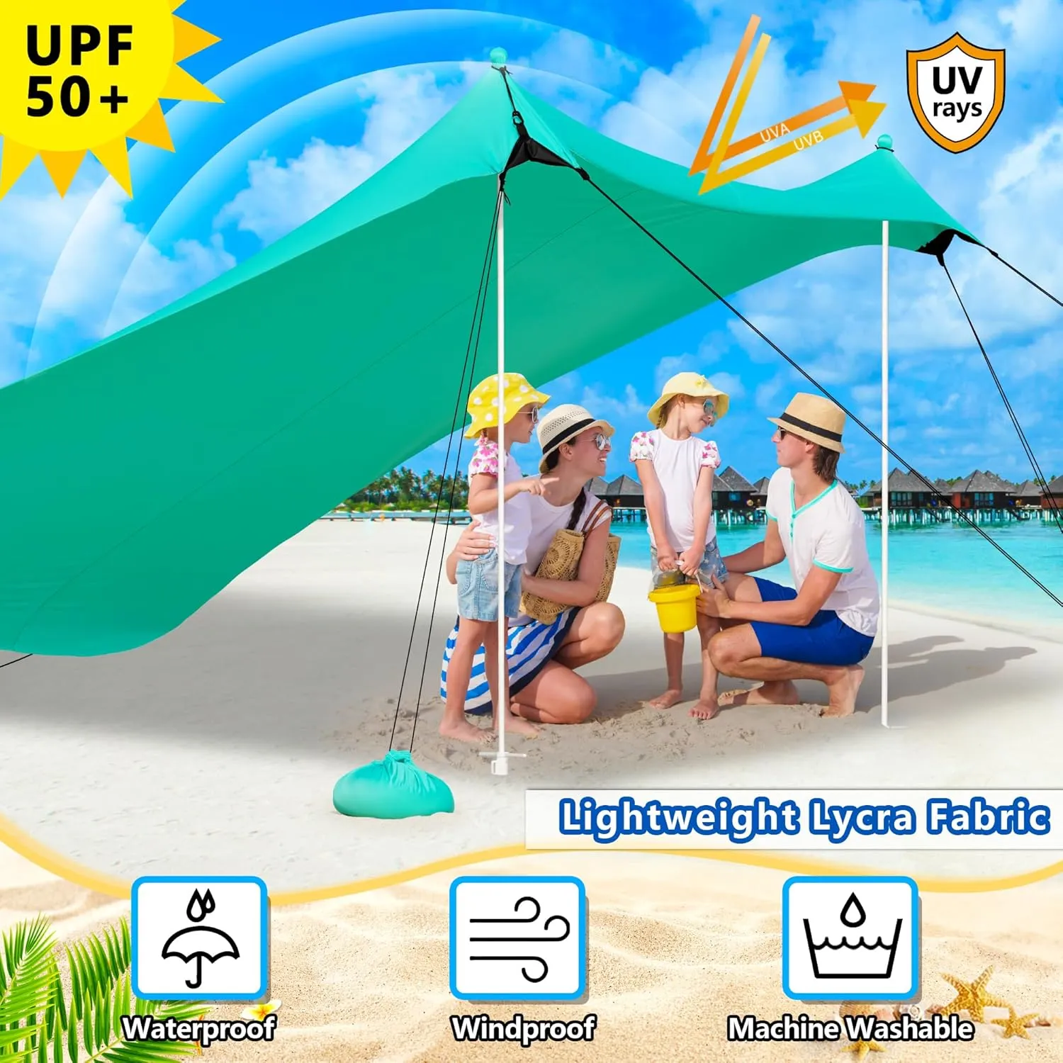 Camping Tent UPF50  with 8 Sandbags, Beach Shade Canopy with Stability Poles and Big Ground Pegs, Pop Up Canopy for Camping, Picnics, 12X12FT Green