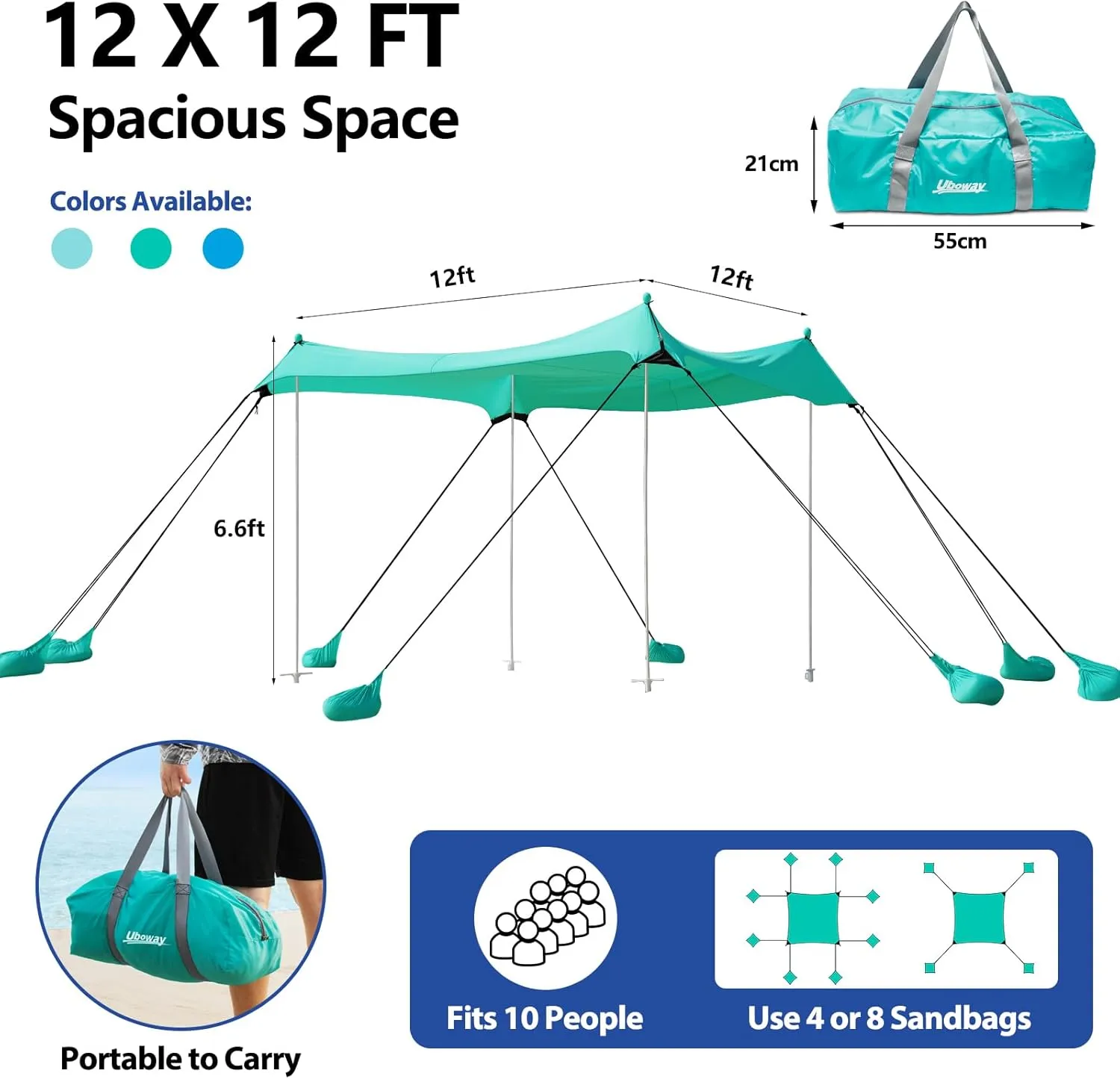 Camping Tent UPF50  with 8 Sandbags, Beach Shade Canopy with Stability Poles and Big Ground Pegs, Pop Up Canopy for Camping, Picnics, 12X12FT Green