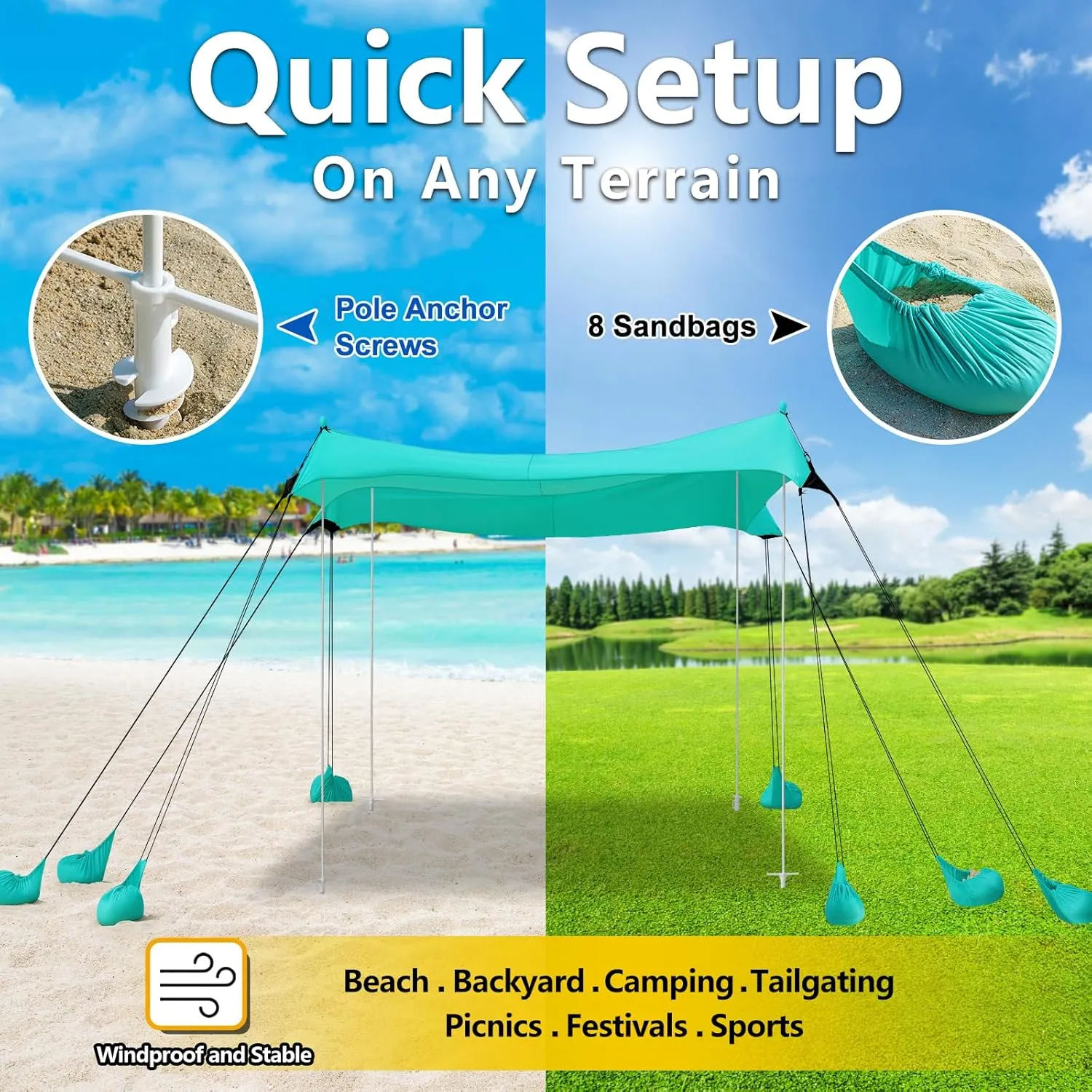 Camping Tent UPF50  with 8 Sandbags, Beach Shade Canopy with Stability Poles and Big Ground Pegs, Pop Up Canopy for Camping, Picnics, 12X12FT Green