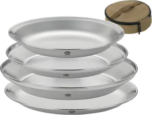 CAMPINGMOON Camping Plates 4pcs set Salad Side Dinner Plate Dishes Outdoor Tableware Stainless Steel with Canvas Case S397-1S