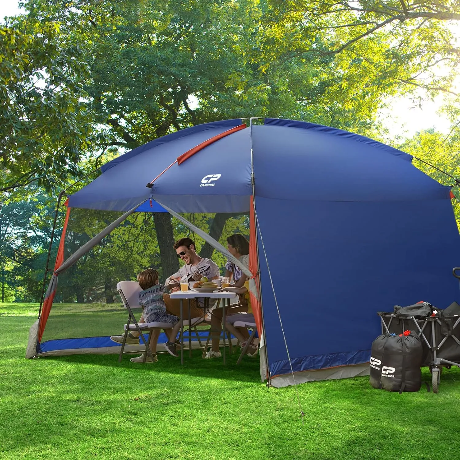 CAMPROS CP Screen House Room with 1 Side Wind/Sun Panel Canopy Tent Camping Tent Screen Shelter Gazebos for Patios Outdoor Camping Activities, 12'X10'X90in(H) - Blue