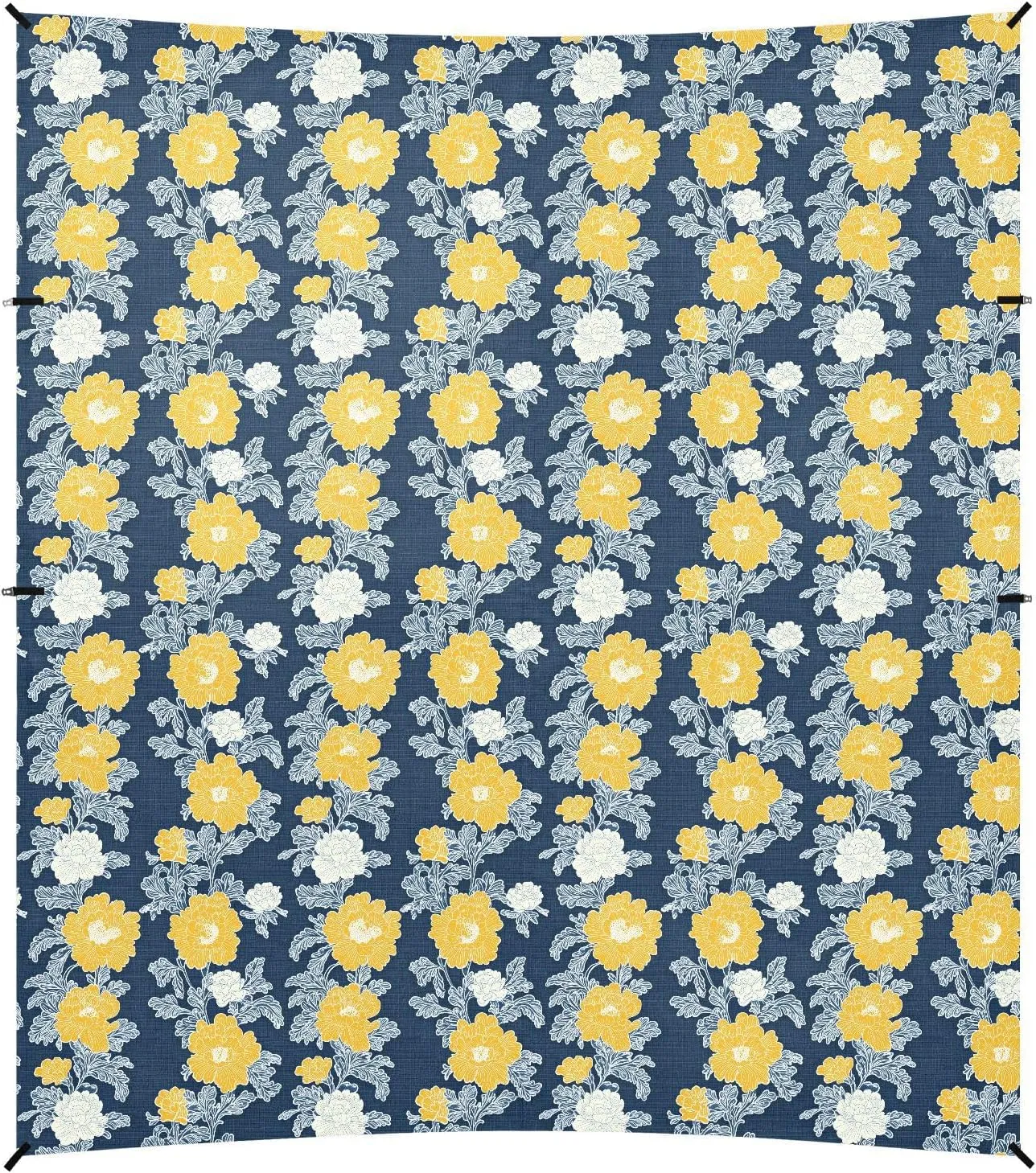 Carnation Lace Mustard Yellow and Denim Blue Foldable Beach Canopy UPF50  Lightweight Large Sun Shade with Sandbags & Sand Shovel for Backyard and Camping