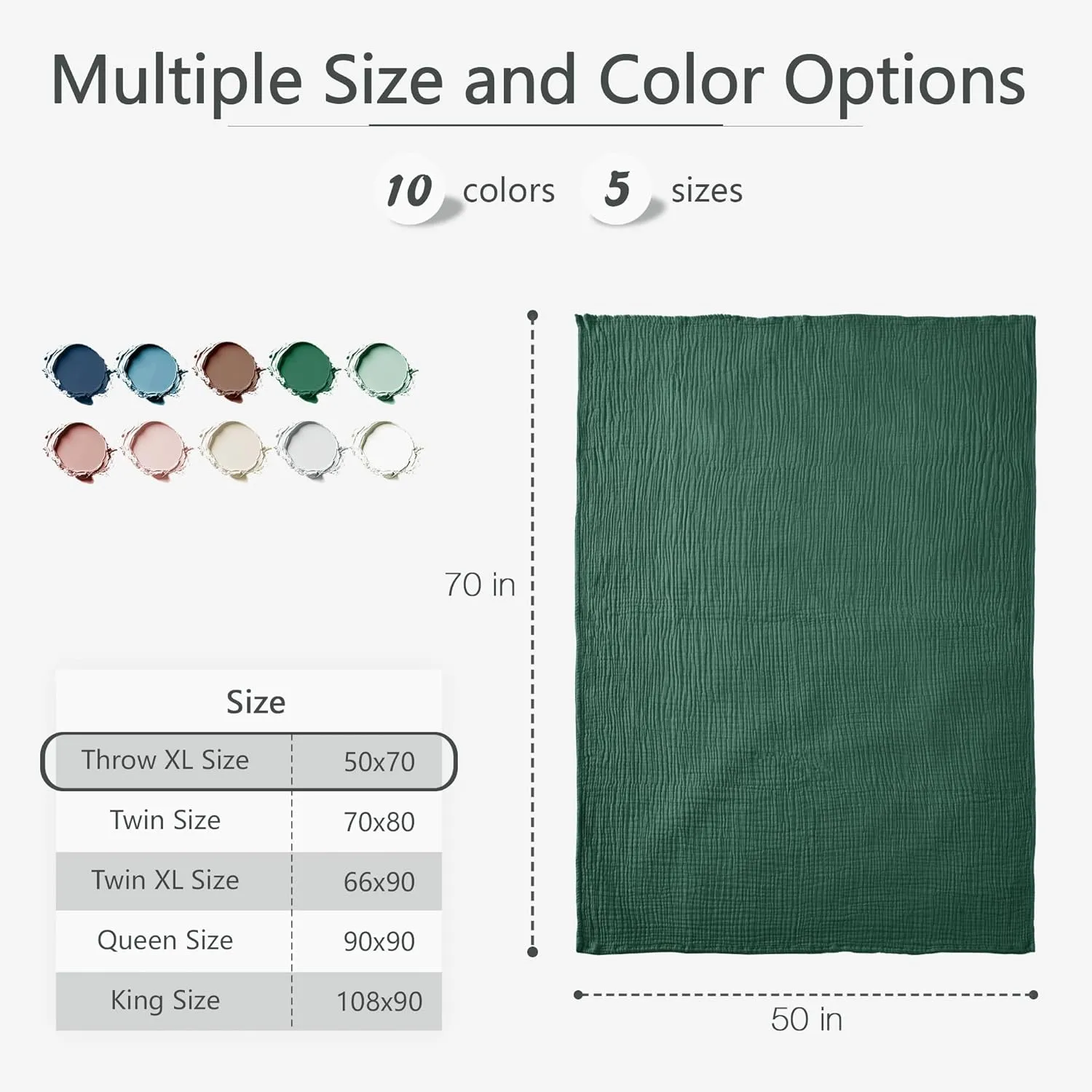 Carriediosa 100% Cotton Muslin Throw Blanket 50" X 70" Throw XL Size，4-Layers Summer Gauze Throws for Bed Couch，Soft Lightweight Breathable Linen Blankets Bedspread for Adults All Season，Dark Green