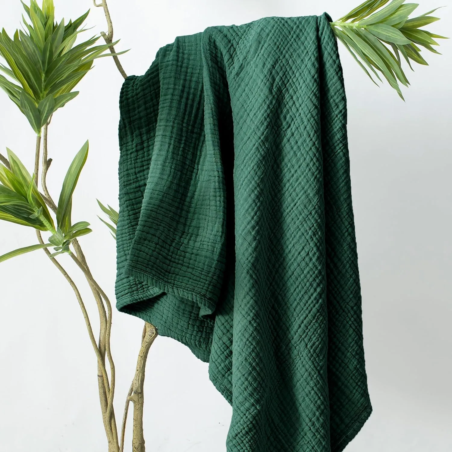 Carriediosa 100% Cotton Muslin Throw Blanket 50" X 70" Throw XL Size，4-Layers Summer Gauze Throws for Bed Couch，Soft Lightweight Breathable Linen Blankets Bedspread for Adults All Season，Dark Green