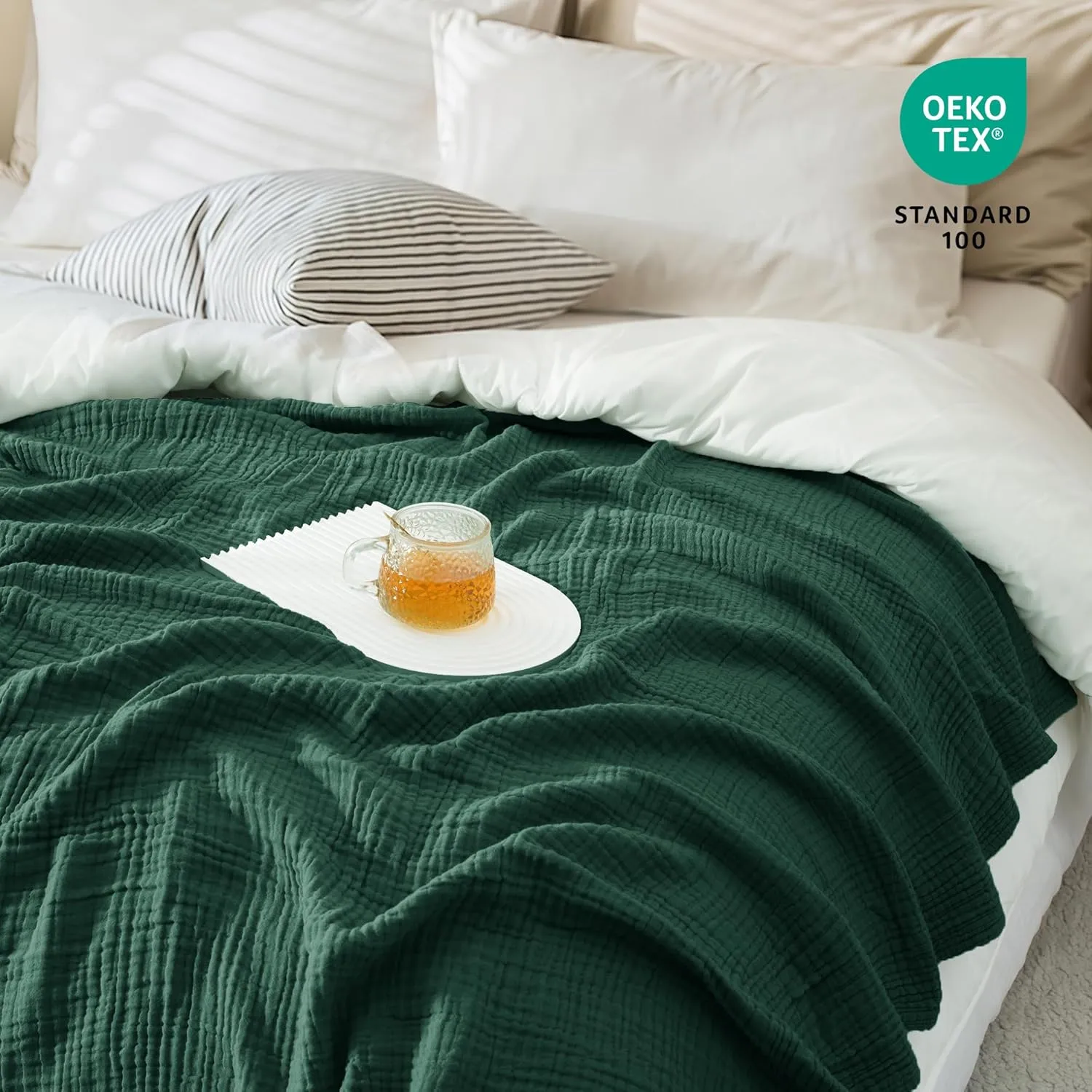 Carriediosa 100% Cotton Muslin Throw Blanket 50" X 70" Throw XL Size，4-Layers Summer Gauze Throws for Bed Couch，Soft Lightweight Breathable Linen Blankets Bedspread for Adults All Season，Dark Green