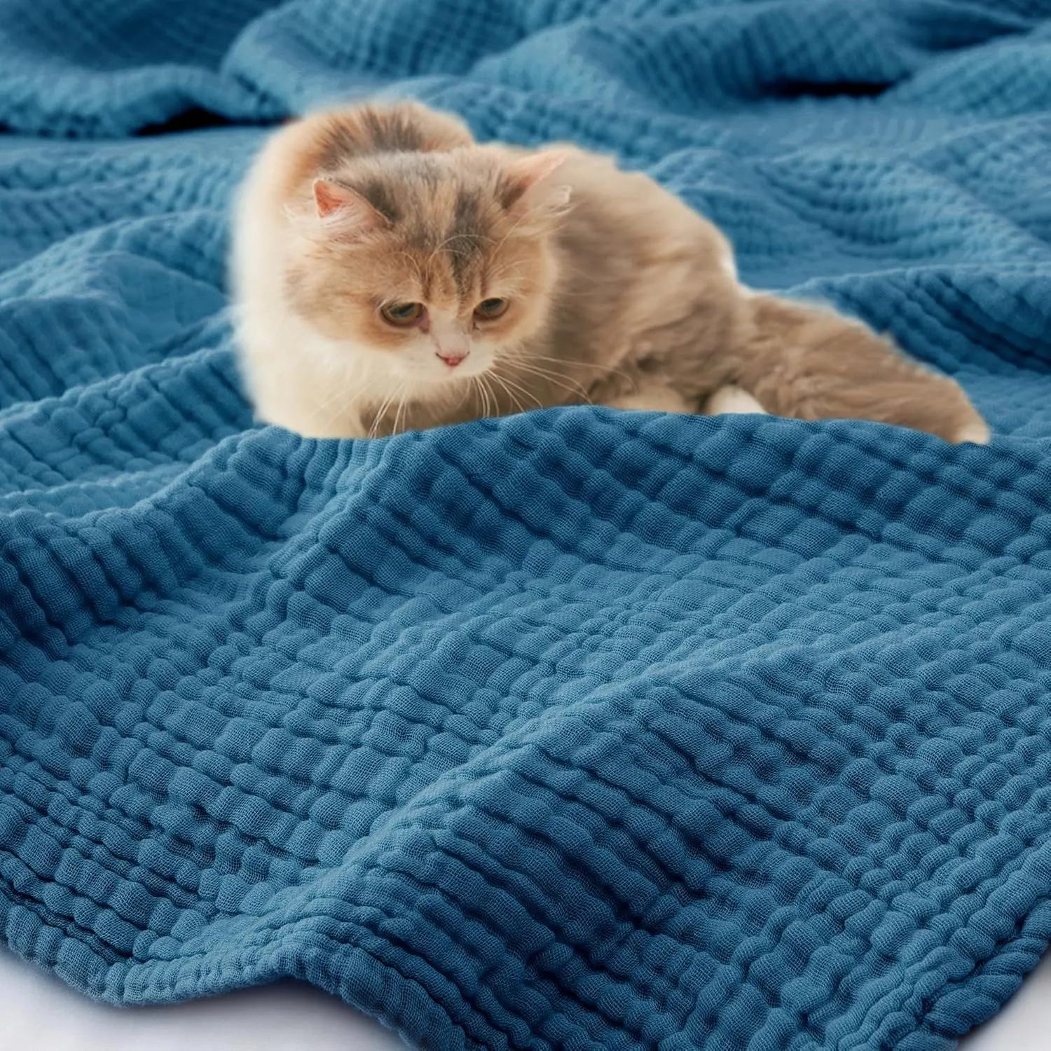 Carriediosa 100% Cotton Muslin Throw Blanket 50" X 70" Throw XL Size，4-Layers Summer Gauze Throws for Bed Couch，Soft Lightweight Breathable Linen Blankets Bedspread for Adults All Season，Dusty Blue