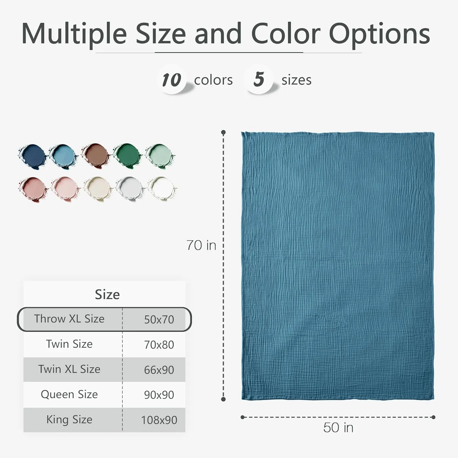 Carriediosa 100% Cotton Muslin Throw Blanket 50" X 70" Throw XL Size，4-Layers Summer Gauze Throws for Bed Couch，Soft Lightweight Breathable Linen Blankets Bedspread for Adults All Season，Dusty Blue