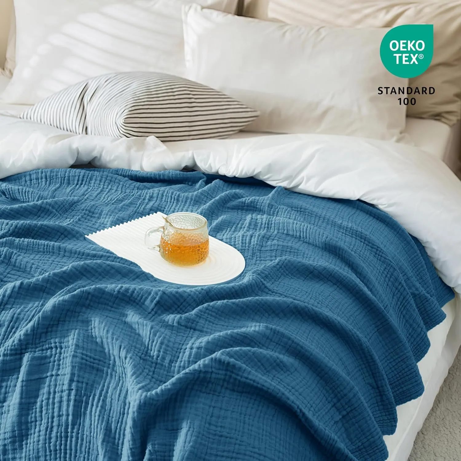 Carriediosa 100% Cotton Muslin Throw Blanket 50" X 70" Throw XL Size，4-Layers Summer Gauze Throws for Bed Couch，Soft Lightweight Breathable Linen Blankets Bedspread for Adults All Season，Dusty Blue
