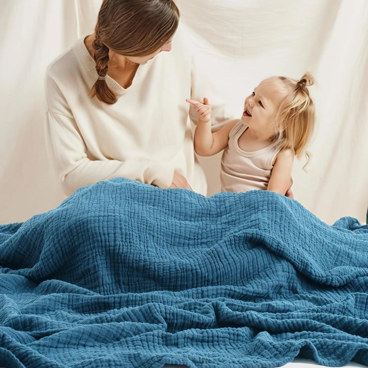 Carriediosa 100% Cotton Muslin Throw Blanket 50" X 70" Throw XL Size，4-Layers Summer Gauze Throws for Bed Couch，Soft Lightweight Breathable Linen Blankets Bedspread for Adults All Season，Dusty Blue