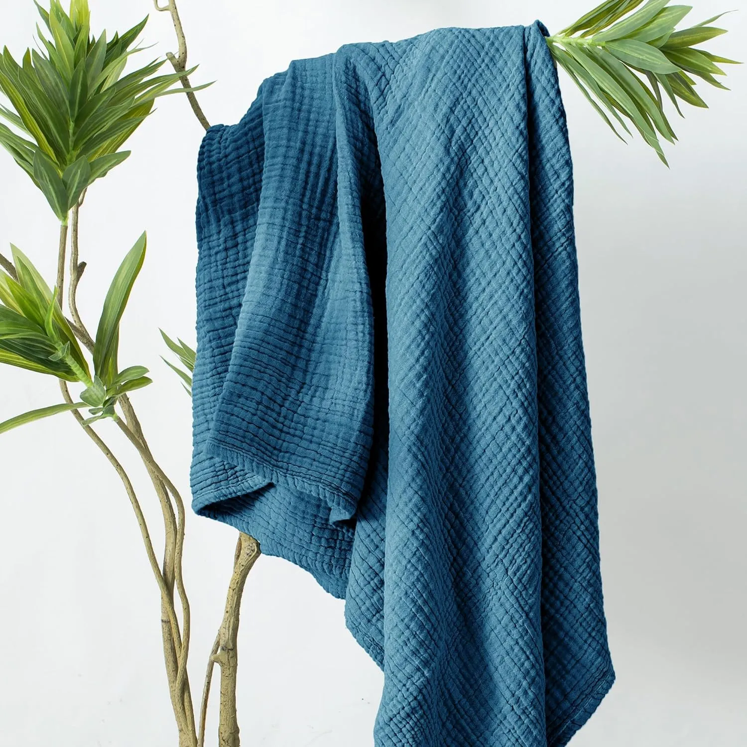 Carriediosa 100% Cotton Muslin Throw Blanket 50" X 70" Throw XL Size，4-Layers Summer Gauze Throws for Bed Couch，Soft Lightweight Breathable Linen Blankets Bedspread for Adults All Season，Dusty Blue