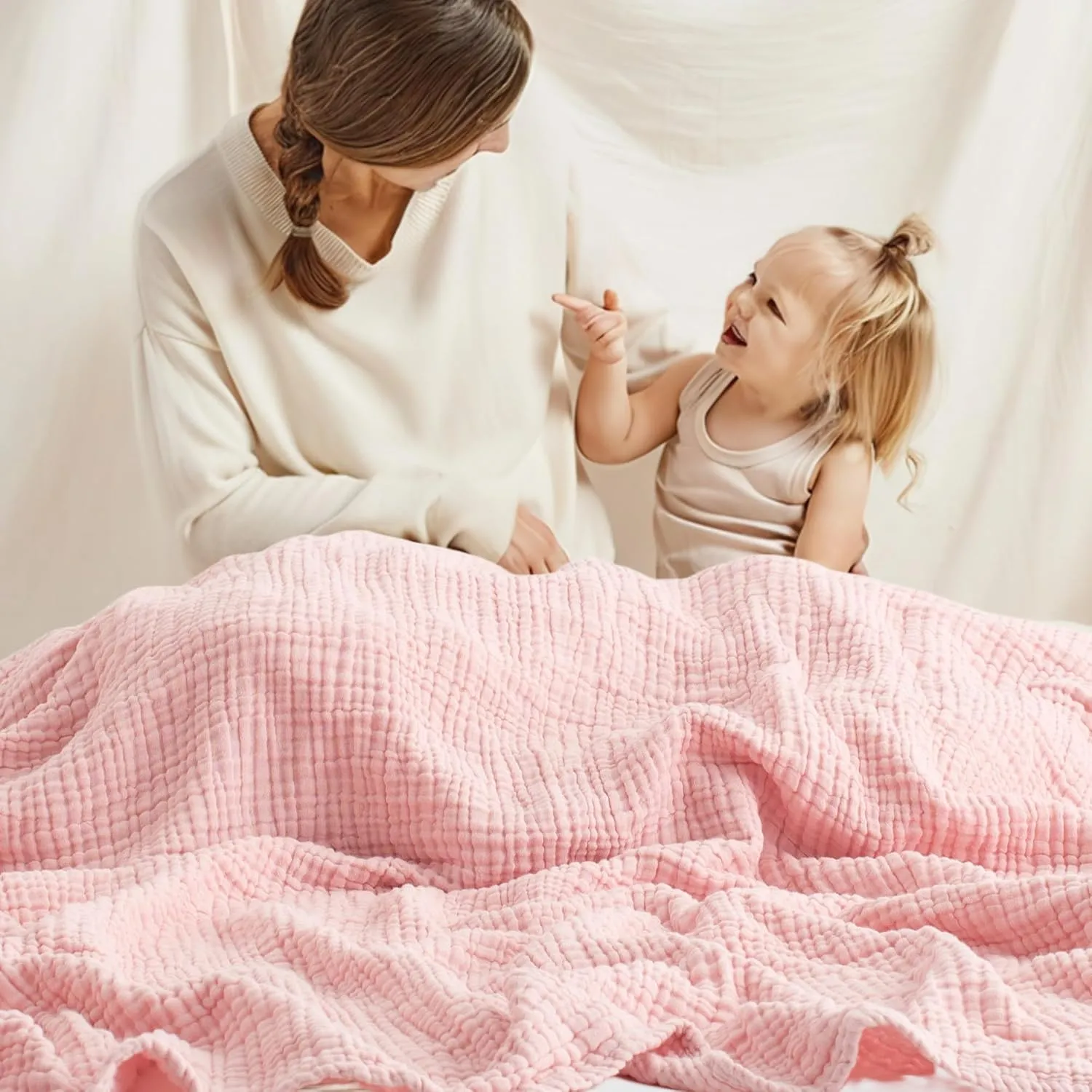 Carriediosa 100% Cotton Muslin Throw Blanket 50" X 70" Throw XL Size，4-Layers Summer Gauze Throws for Bed Couch，Soft Lightweight Breathable Linen Blankets Bedspread for Adults All Season，Dusty Pink