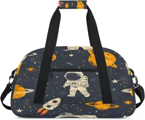 Cartoon Astronauts Gym Duffel Bag for Men Women Universe Planets Sports Tote Bag with Adjustable Shoulder Strap for Dance Gymnastics Traveling Outdoor Camping Overnight Stay
