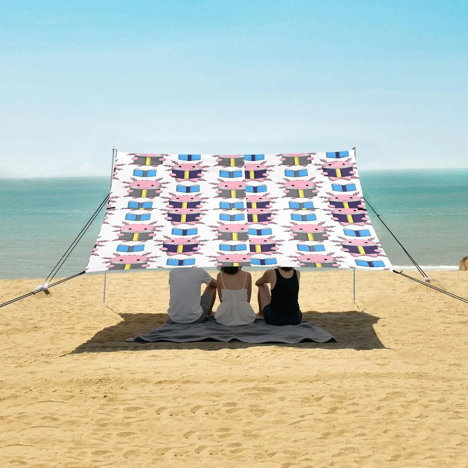 Cartoon Axolotl Book Beach Canopy Tent Anti-UV & Wind Resistant, Camping Sun Shelter Easy Setup Portable,Outdoor Shade Tents with Sandbags,Sand Shovels,Ground Pegs & Stability Poles