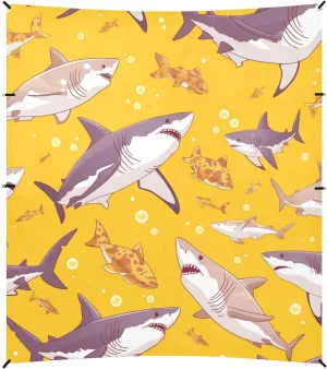Cartoon Great White Shark Bright Yellow Beach Tent & Canopy UPF50 Easy Setup Large Sun Shade with Sand Shovel for Camping, Picnics, Backyard & Fishing