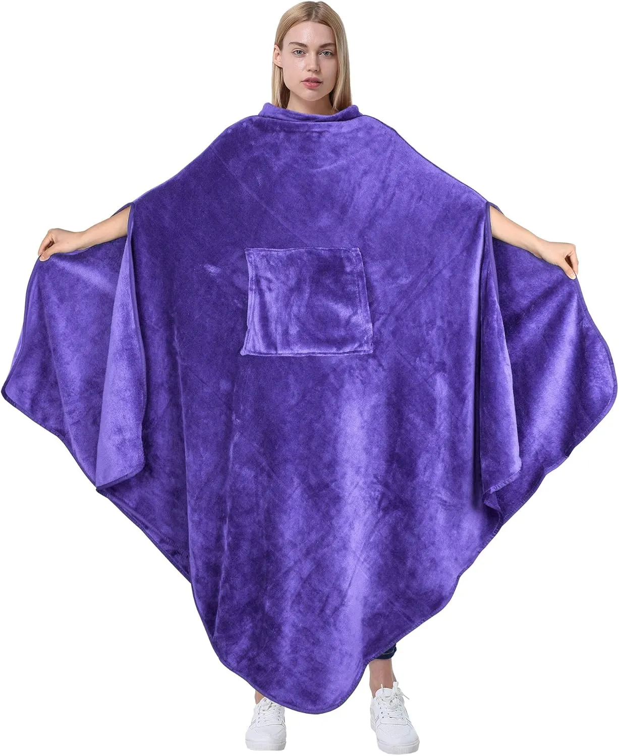 Catalonia Fleece Wearable Blanket Poncho for Adult Women Men, Travel Wrap Blanket Cape with Pocket |Warm, Soft, Cozy, Snuggly, Comfort Gift, No Sleeves|All Season, Purple