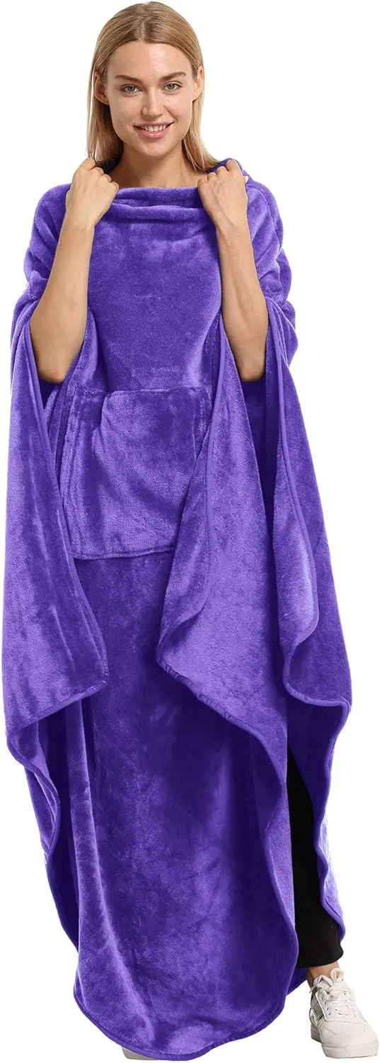 Catalonia Fleece Wearable Blanket Poncho for Adult Women Men, Travel Wrap Blanket Cape with Pocket |Warm, Soft, Cozy, Snuggly, Comfort Gift, No Sleeves|All Season, Purple